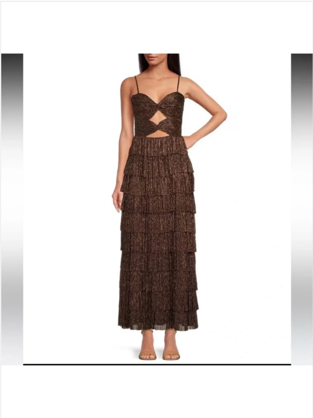 Gianni Bini Grace Copper Plisse Metallic Tiered Ruffle Maxi Party Hoco Dress 10